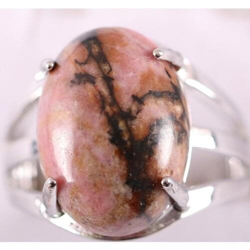 1Pcs Color Jewelry Gift Adjustable Ring For Women Natural Stone Oval CAB Cabochon Bead Pink Rhodonite Finger Ring Z183