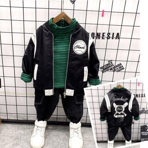 Boys autumn winter childrens Embroidered PU leather jacket + T-shirt + jeans 3PCS boys suit Sport Boys Clothing Set