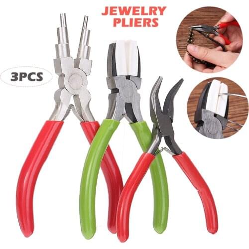 3Pcs Carbon Steel Jewelry Pliers Wire Looping Bending Hand Pliers Winding/Nylon Flat Nose/Toothless Elbow For DIY Jewelry Work