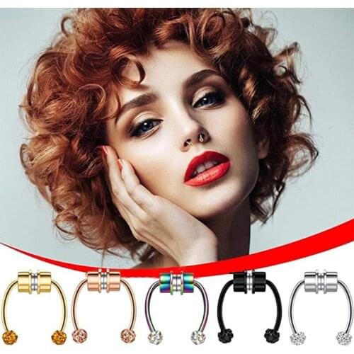 M2EA 5 Pcs Fake Septum Piercing Magnetic Horseshoe Nose Ring Non Piercing Clip Stainless Steel Reusable Crystal Nose Hoop