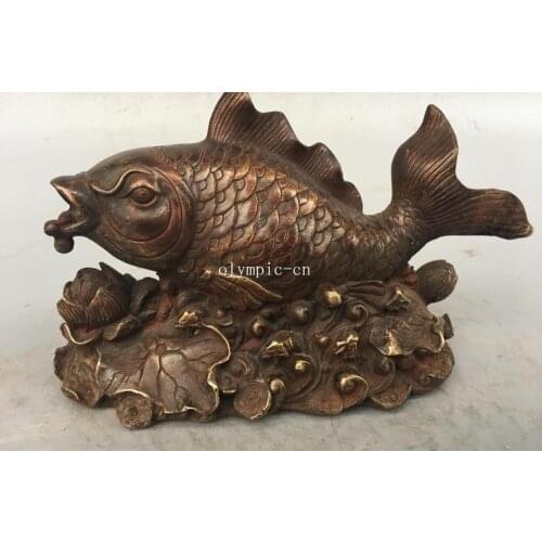 8'' copper bronze sculpture home fengshui decor auspicious Lotus Fish statue