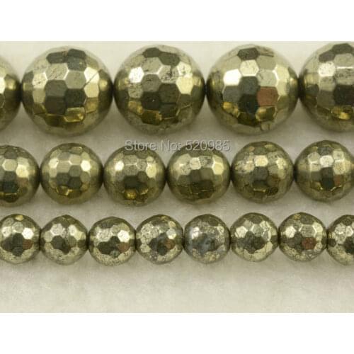 Free Shipping Natural Stone Faceted Iron Pyrite Round Loose Beads 16" Strand 4 6 8 10 12MM Pick Size For Jewelry Making IPB01