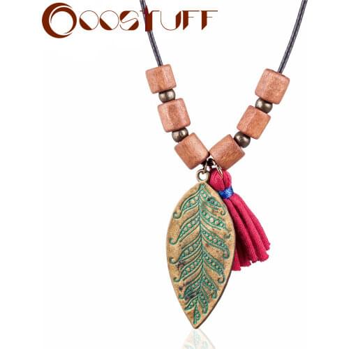 Long Necklace Women Jewelry Statement necklaces & pendants Wooden Beads Leaf Pendant Chokers Alloy Suspension Jewellery 2021 New