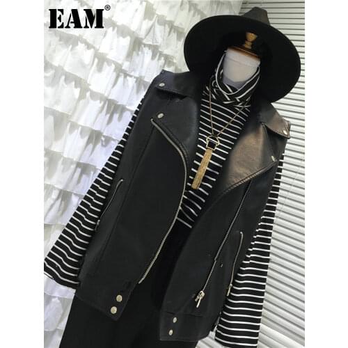 [EAM] Women Loose Fit Black Zipper Spliced Pu Leather Casual Vest New Lapel Sleeveless Fashion Tide Spring Autumn 2021 1DE0654
