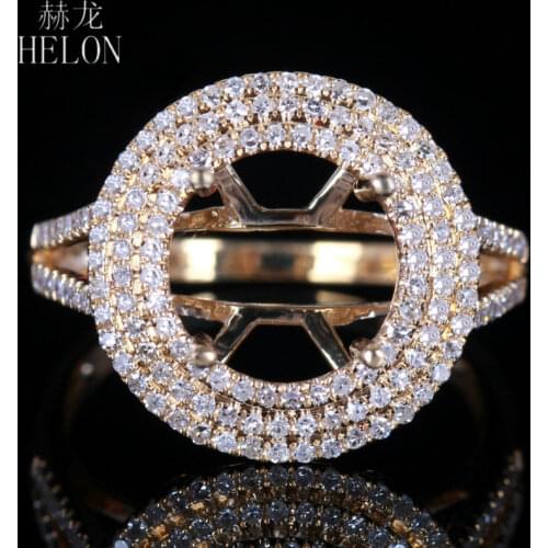 HELON 9mm Round Solid 14k Yellow Gold AU585 Pave 0.56ct Natural Diamonds Semi Mount Engagement Wedding Ring Women Fine Jewelry