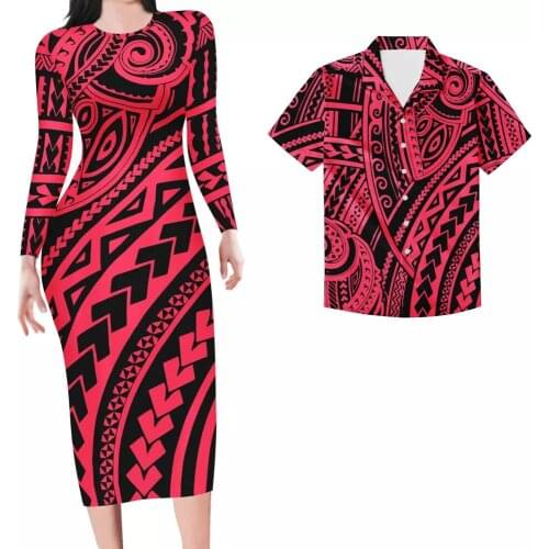 HYCOOL Polynesian Fashion Round Collar red Dress Women Slim Sheath Long Sleeve Black Boho Dress Lady Outfit Autumn Plus Size