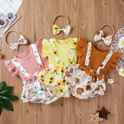 Newborn Baby Girls Ruffled Sleeves Top Short Headband 3Pcs Sets Outfits Toddler Baby Girls Floral Print Summer Clothing Set D30