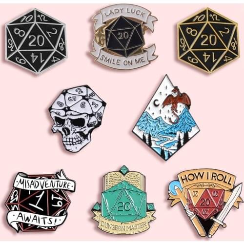 20 Face Dice Metal Enamel Brooch Fashion Personality D20 DnD Dice Game Badge Pin Cartoon Trendy Costume Backpack Jewelry Gift