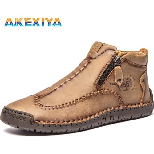 Brand Mens Boots Leather Mens Ankle Boots Work Boots Metal Zipper Outdoor Handmade Men Moccasin Platform High Top Men Shoes