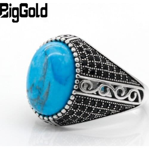 925 Sterling Silver Men Ring with Blue Turquoise Stone Vintage Thai Silver Ring with Black CZ for Male Female Turkish Jewelryy