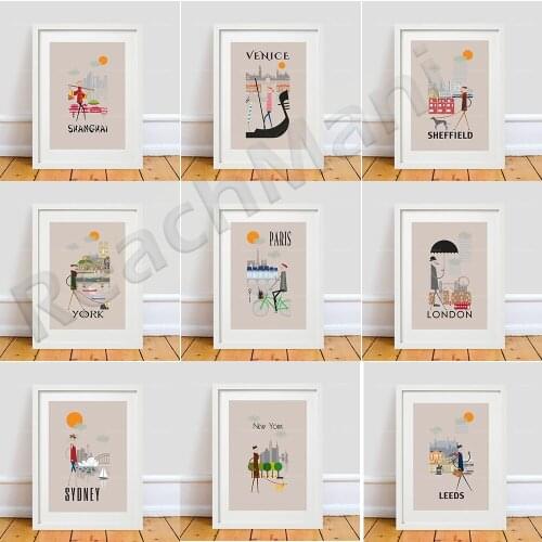 World city prints wall poster, art retro illustration travel London Paris New York Sydney Venice Shanghai Rio decoration travel