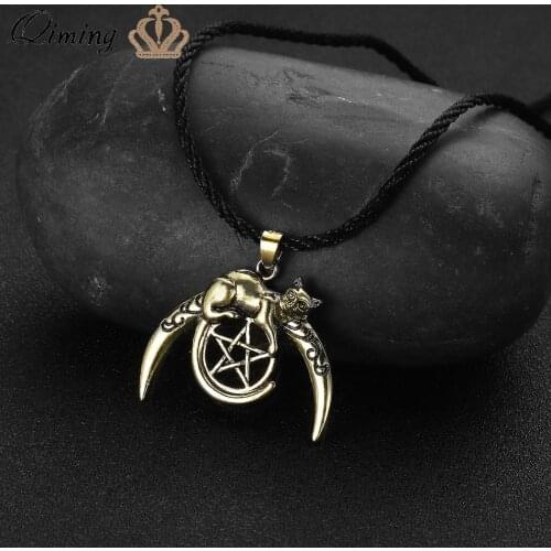 QIMING Crescent Moon Cat Pentagram Necklace Women Celtic Viking Star Fashion Animal Pet Lover Pendant Necklace Slaciv Jewelry