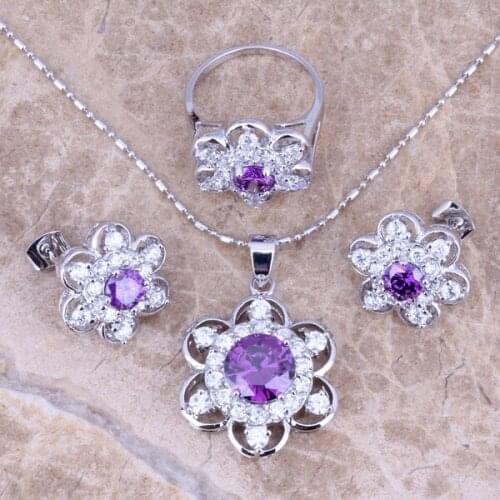 Absorbing Purple Cubic Zirconia White CZ Silver Plated Jewelry Sets Earrings Pendant Ring Size 6/7/8 S0167