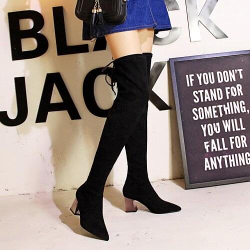 Overknee Boots Black Bottines Femme 2018 Nouveau Winter Boots Plush Lining Suede Leather Women Booties Lace Up Knee High Boots