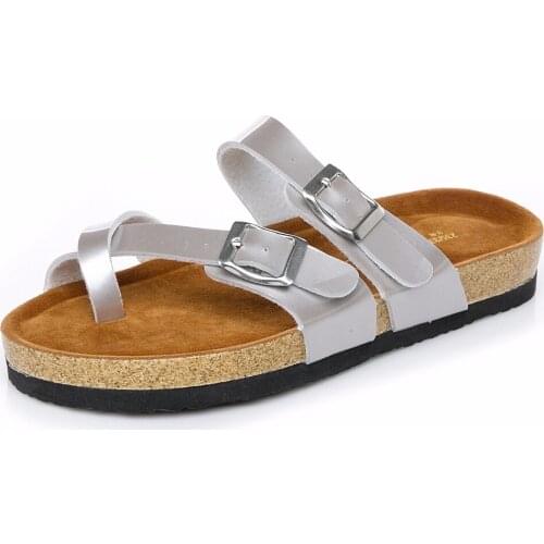 Hot cork slipper cross band women shoes silver clip toe flip flops simple buckle flat slides comfy beach ladies sandals summer