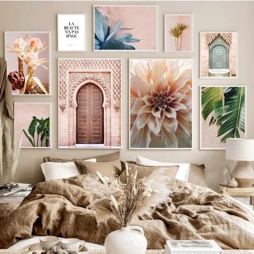 Nordic Simplicity Pink Flower Brown Leaf Building Print Canvas Art Painting Wall Picture Landscape Home Decoration Poster