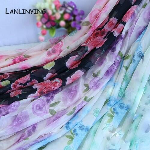 Vintage Rose Flower Printed Chiffon Fabric Smooth Georgette Spring and Summer Dress Micro-transparent Scarf Fabric D701