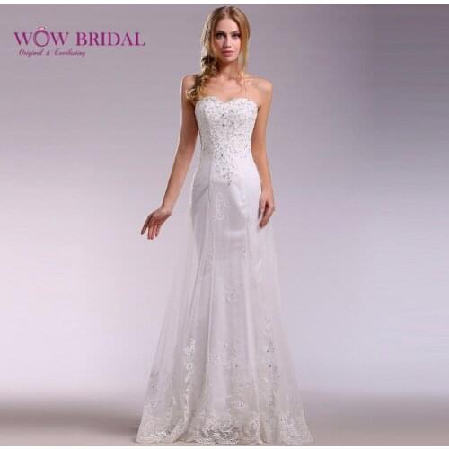 Wowbridal White Sweetheart Sleeveless Strapless Appliques Sequins Floor Length Lace Up Mermaid Trumpet Wedding Dress
