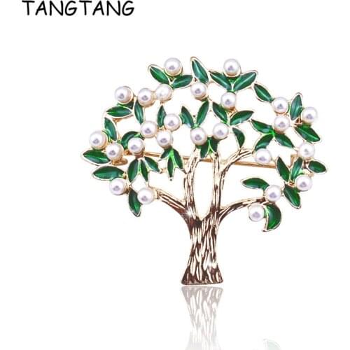 New Vintage Simulated Pearl Brooch Pendant Retro Lucky Tree Shape Green Enamel Leaf Pins Brooches Jewelry for Women Gift FB237