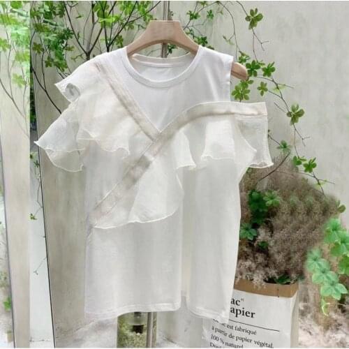 2021 Summer New Patchwork Ruffles O Neck Off Shoulder Solid T-shirt Womens Tops U097