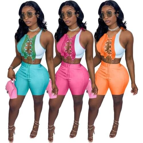Women Summer Color Block Set Sexy Patchwork Bandage Sleeveless Crop Tops Elastic Shorts 2 Piece Sets Tracksuit Outfit Sweatsuit