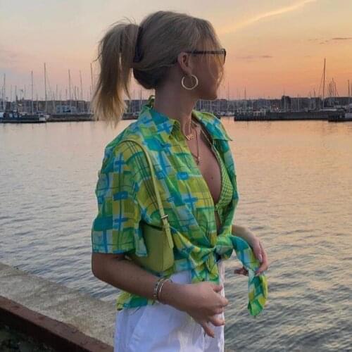 Green Plaid Patchwork Print All-match Short Sleeve Summer Shirt Women Casual Beach Polo Neck Buttoned Shirt Loose Ladies Shorts