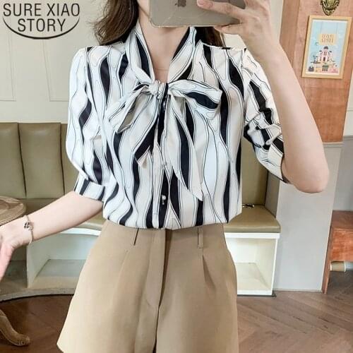 Women Bow Blouse Office Lady Short Sleeve Tops 2021 Summer New Korean Fashion Stripe Shirt Blusas Mujer Button Shirts 15863