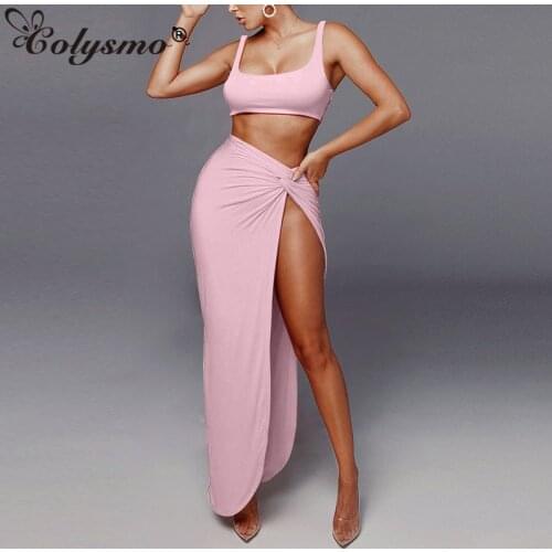 Colysmo Long Skirts Two Piece Set Women Crop Top Twist Skirts Sets Summer Solid Color Sexy Party Club Wear 2 Piece Outfits 2020