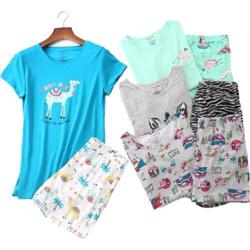 Women Pajamas Set Cartoon Animal Short Sleeve+Shorts 2Pcs Sleepwear 2020 Summer Korean Style Comfort Soft Round Neck Homewear