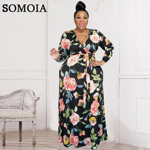 Plus Size Dresses for Women Temperament Long Sleeve V Neck Maxi Dress Casual Print Dress with Sash Celebrity Dresses Wholesale