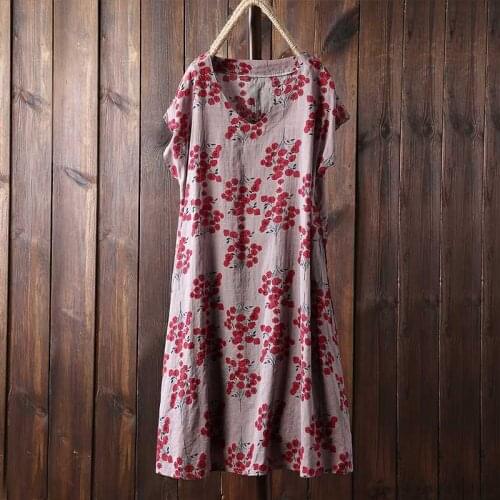 2021 Summer Floral Printed Midi Dress Women Retro V Neck Short Sleeve Loose Vestido Casual Vintage Cotton Linen Sundress Kaftan