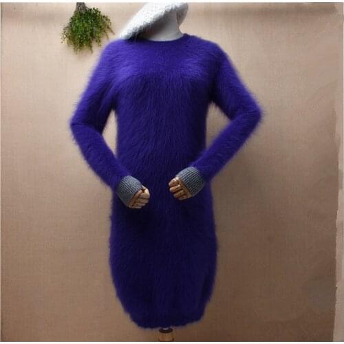 Ladies women fashion purple hairy mink cashmere knitted long sleeves o-neck slim blouses pullover angora fur long sweater dress