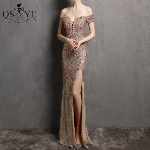 Sequin Gold Evening Dresses Mermaid Fading Sequin Prom Gown Split Off Shoulder Party Dress Beadings Women Side Sleeves Gown