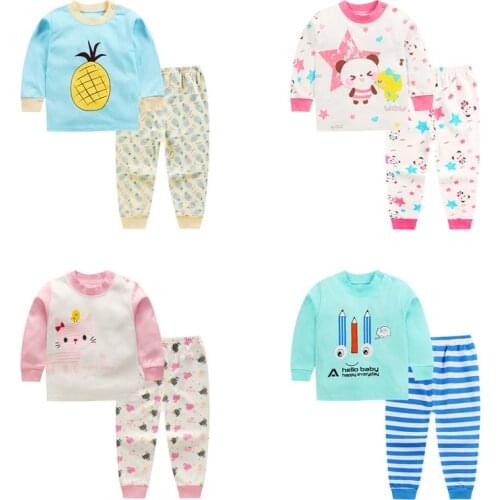 [2Pcs/Lot Random Color] Cartoon Print Kids Pajamas Sets Cotton Long Sleeve Pajamas+Pants Spring Children Boys Girls Sleepwear