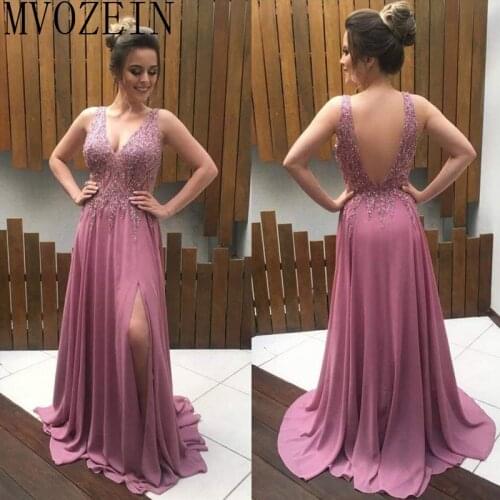 Long Evening Dresses A-Line V-Neck Sleeveless High Split Beading Evening Dress Formal Gowns Party Dress robe de soiree