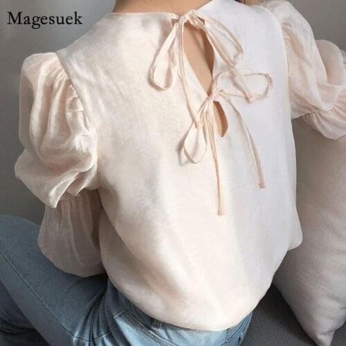 Elegant Sexy Backless Bow Lace Up Design Blouse Spring O Neck Blouse Women Ol Simple Puff Long Sleeve Shirt Blusas Mujer 14368