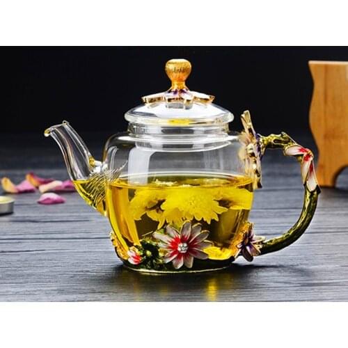 Enamel Glass Teapot Luxury Crystal Glass Flower Tea Pot High-Grade Heat-Resistant Glass Single Tea Pot 280ml