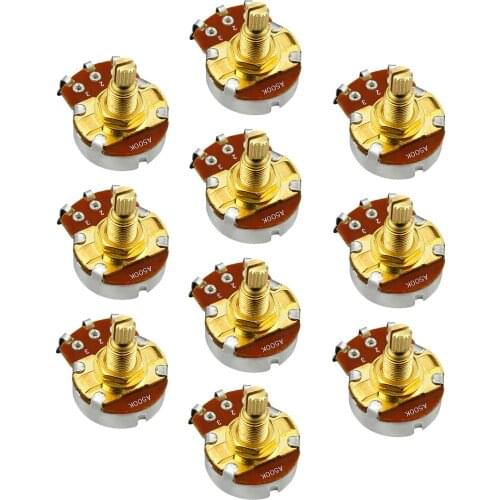 FLEOR 10pcs Full Size Pots Guitar Potentiometers A500K Audio Taper Long Shaft Potentiometer Gold for Guitar Bass Parts
