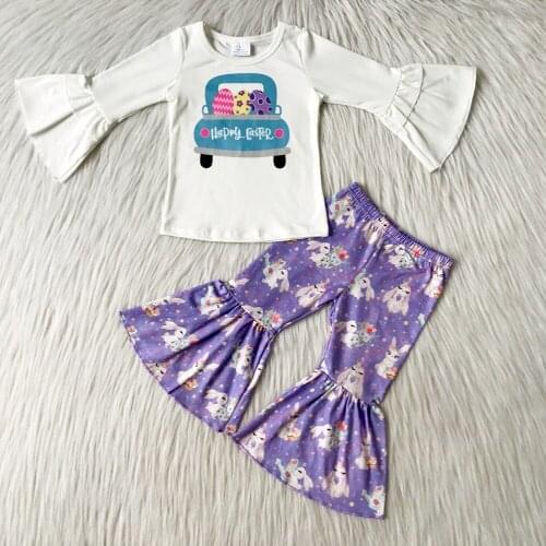 Newborn Fashion Ruffle Top And Bell Pants 2Pieces Set Girl Spring Fall Long Sleeve Outfits Kids Easter Day Clothes With Cars