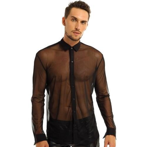Men Sexy Shirt Top Blouse Club Rave Clothes Chic Gay Clubwear Performance Costume See-through Mesh Long Sleeve Sexy Top T-shirts