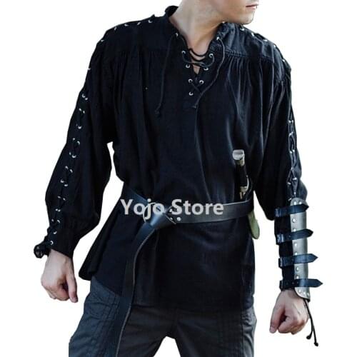 Men Medieval Renaissance Grooms Pirate Reenactment Larp Costume Lacing Up Shirt Bandage Top Middle Age Clothing For Adult 3XL