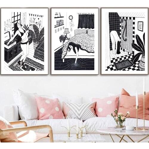 Black And White Poster Girl Take Shower At Bathroom Canvas Painting Fashion Nordic Wall Art for Living Room Home Decor