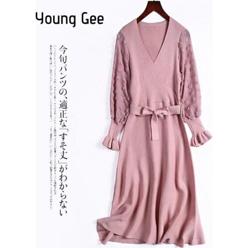 Young Gee Chic Autumn Elegant Pink Sweater Dress Women Sexy V-neck Sweet Flare Sleeve A Line Knit Mini Bodycon Slim Dresses