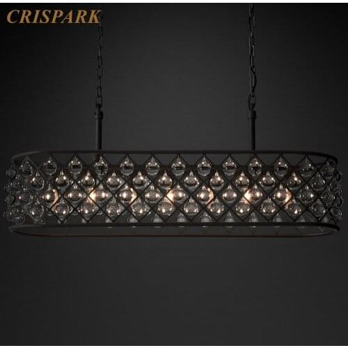 Vintage Crystal Chandelier Lighting E12 Retro Spencer Black Frame Rectangular Hanging Lamp Minimalist Art Deco Living Room Light