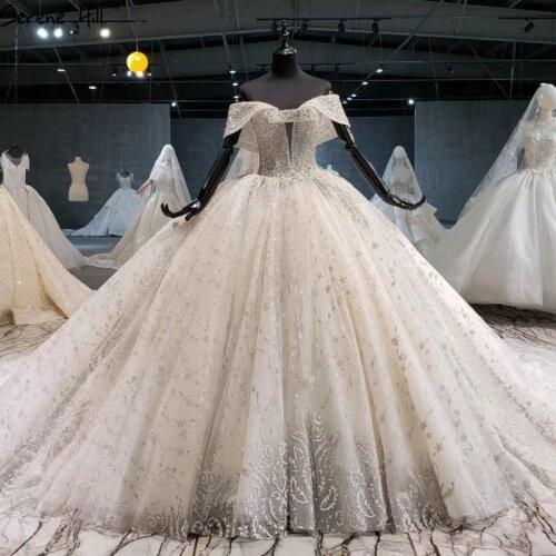 Luxury Ivory Off Shoulder Sexy Wedding Dresses 2020 Dubai Diamond Sequins Sparkle Bridal Dress HX0133 Custom Made