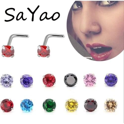 SaYao 1 Piece nostril nose stud Rings L Shape nose ring Round Zircon Nose Studs Ring Twist Screw Septum Piercing Body Jewelry