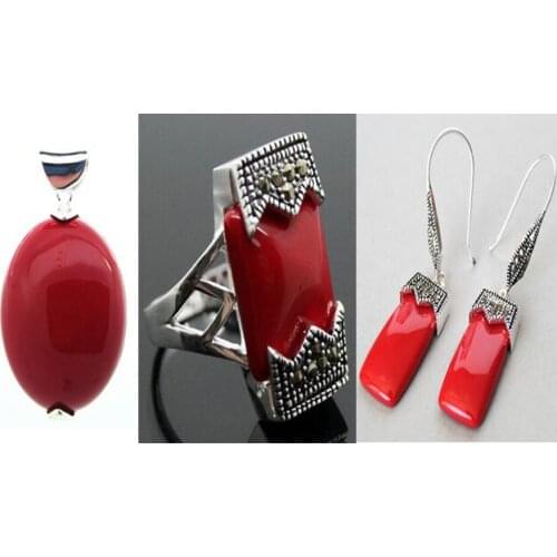 Fashion designed Red Carved Lacquer Marcasite 925 Sterling Ring(#7-10) Earrings & Pandent jewelry sets
