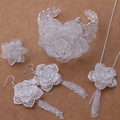 AS378 Wholesale Silver Plated Free Shipping 925-sterling- Silver Jewelry Sets Earring 588 + Necklace 699 + Ring 373 + Bangle 158
