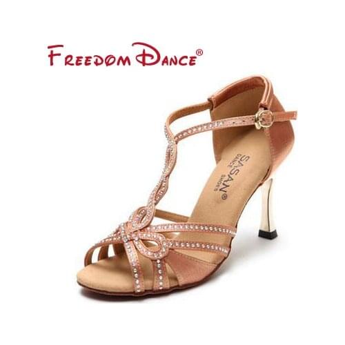 T-font Rhinestones Decorated Satin Latin Dance Shoe For Women 5.5cm 8.5cm Metal Heel Latin Tango Salsa Tango Shoe Girls Sansals