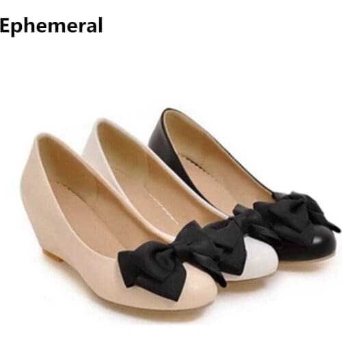 Wedge Shoes For Women Bow Chunky Heel Round Toe Mujer Zapato Plus Size 12-3 Beige Black Comfortable Slip-on Ladies Loafers White